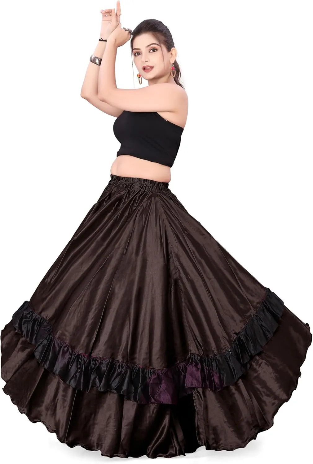 Satin Full Circle with Frill Belly Dancing Skirt Long Maxi Satin Belly Dance Full Circle Skirt (One Size) S33