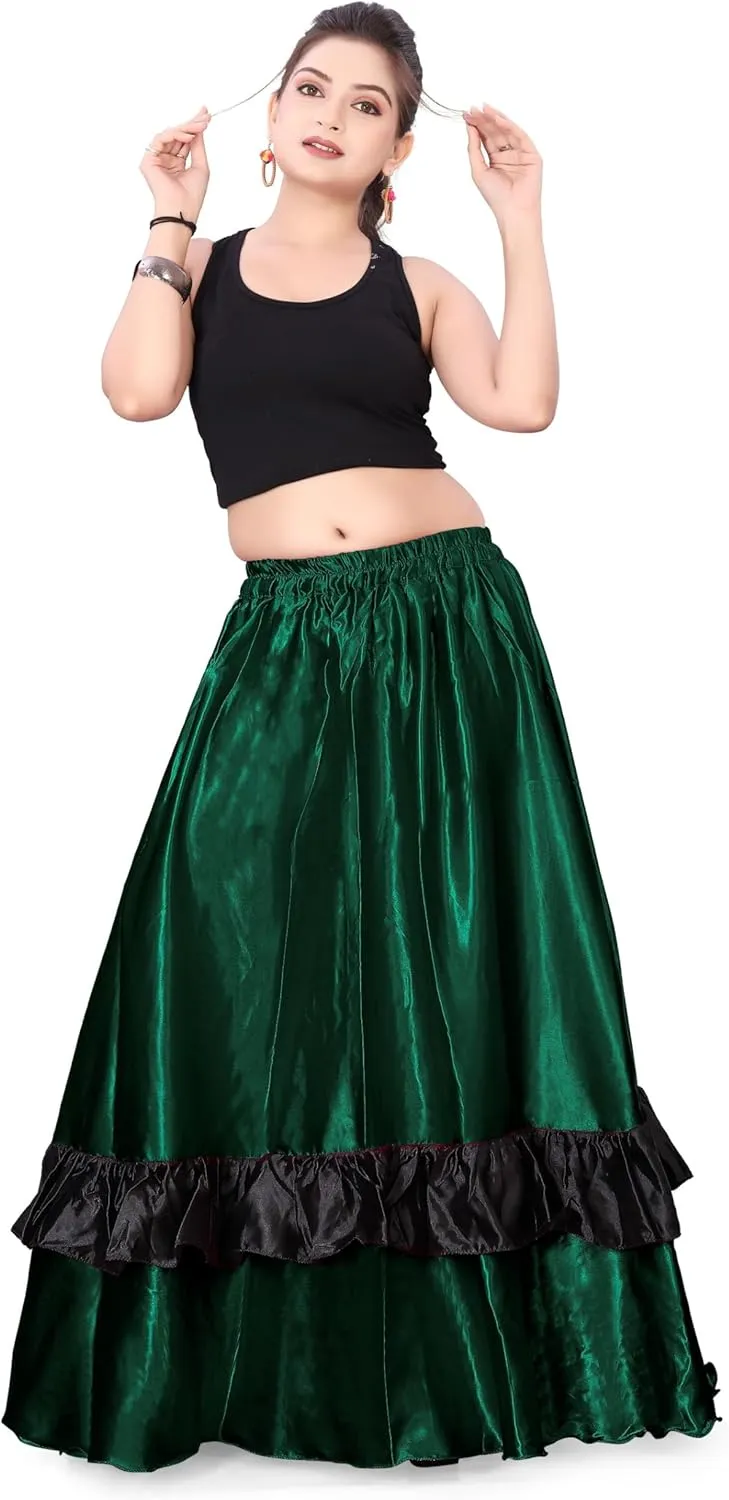 Satin Full Circle with Frill Belly Dancing Skirt Long Maxi Satin Belly Dance Full Circle Skirt (One Size) S33