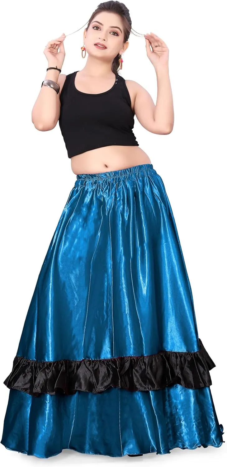 Satin Full Circle with Frill Belly Dancing Skirt Long Maxi Satin Belly Dance Full Circle Skirt (One Size) S33