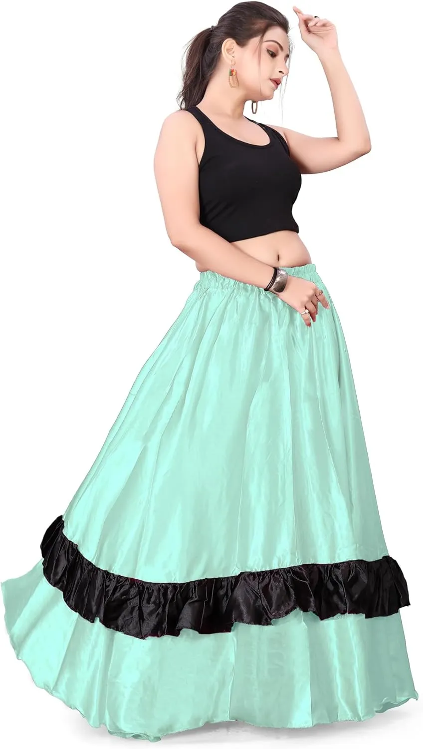 Satin Full Circle with Frill Belly Dancing Skirt Long Maxi Satin Belly Dance Full Circle Skirt (One Size) S33