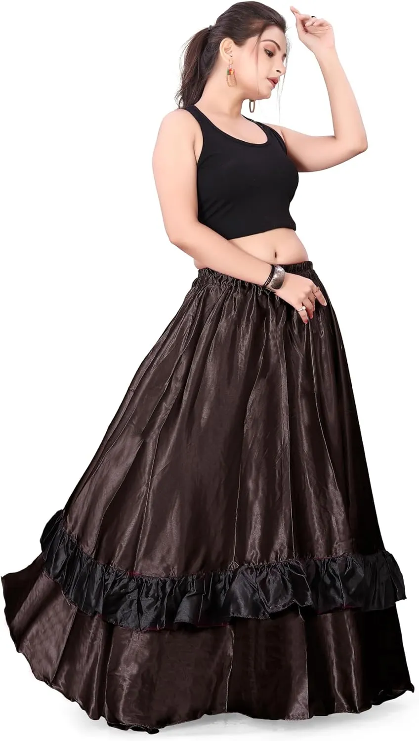 Satin Full Circle with Frill Belly Dancing Skirt Long Maxi Satin Belly Dance Full Circle Skirt (One Size) S33