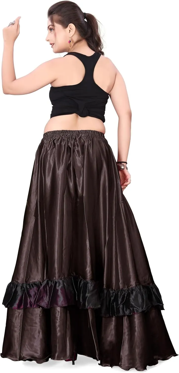Satin Full Circle with Frill Belly Dancing Skirt Long Maxi Satin Belly Dance Full Circle Skirt (One Size) S33