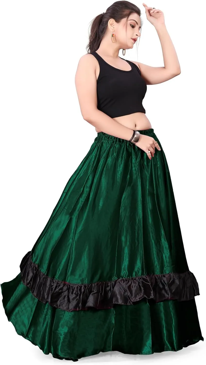 Satin Full Circle with Frill Belly Dancing Skirt Long Maxi Satin Belly Dance Full Circle Skirt (One Size) S33