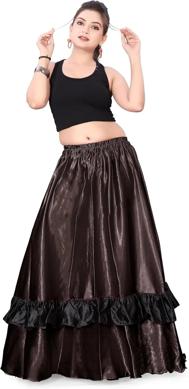 Satin Full Circle with Frill Belly Dancing Skirt Long Maxi Satin Belly Dance Full Circle Skirt (One Size) S33