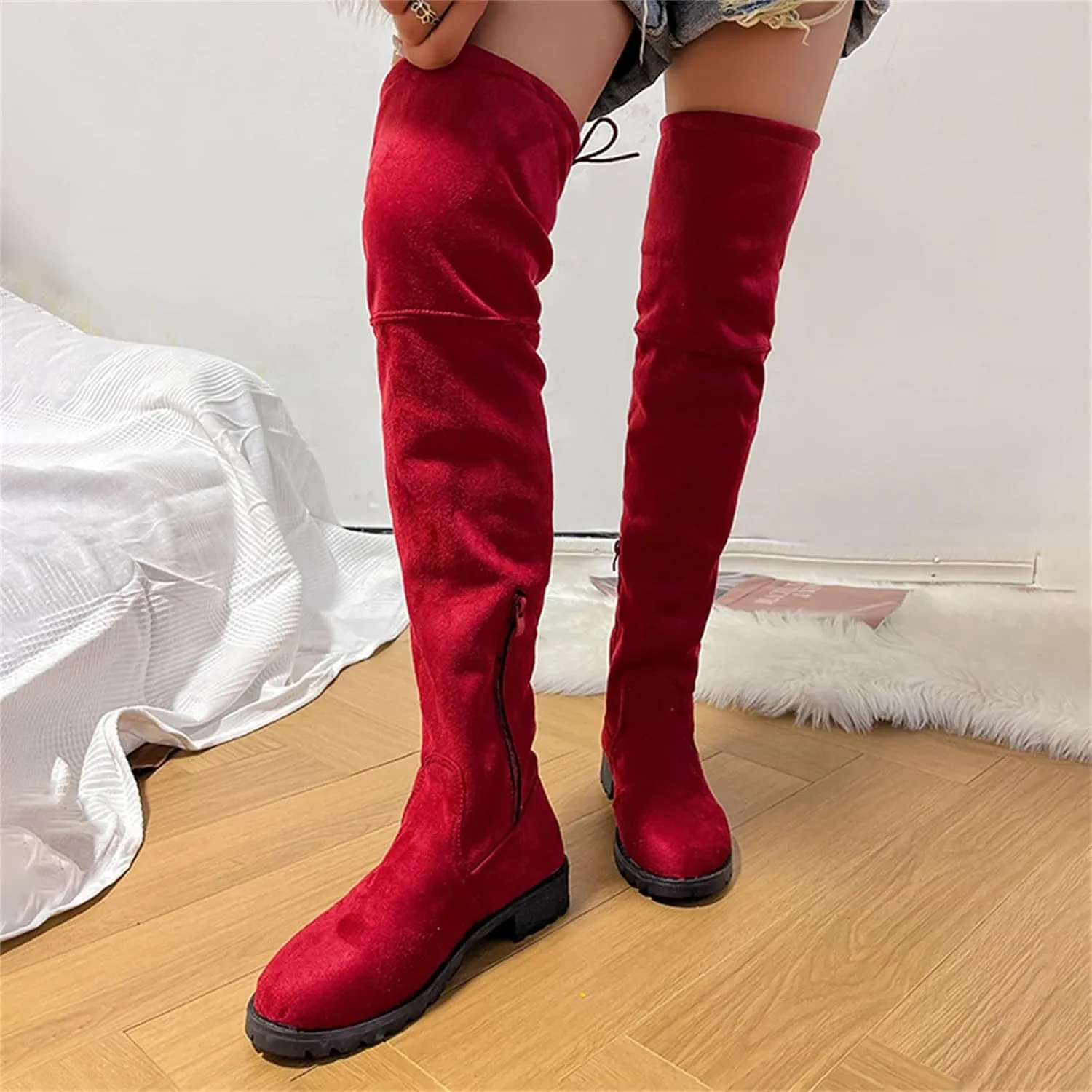 SBGMoSJ Boots for Women Over the Knee Thigh High Boots Pointed Toe Knitting Block Heel Stretchy Long Winter Fall Boots Cowgirl Boots Wide Calf Winter Fashion Booties Solid Color Long Boots