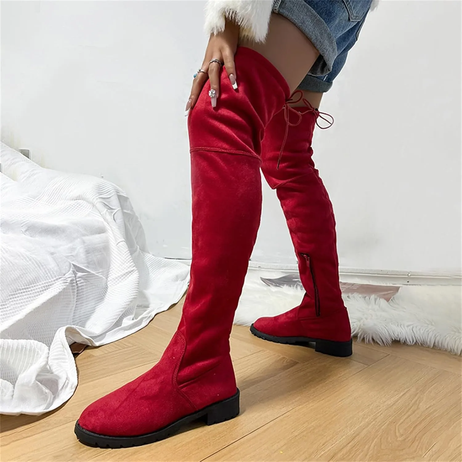 SBGMoSJ Boots for Women Over the Knee Thigh High Boots Pointed Toe Knitting Block Heel Stretchy Long Winter Fall Boots Cowgirl Boots Wide Calf Winter Fashion Booties Solid Color Long Boots