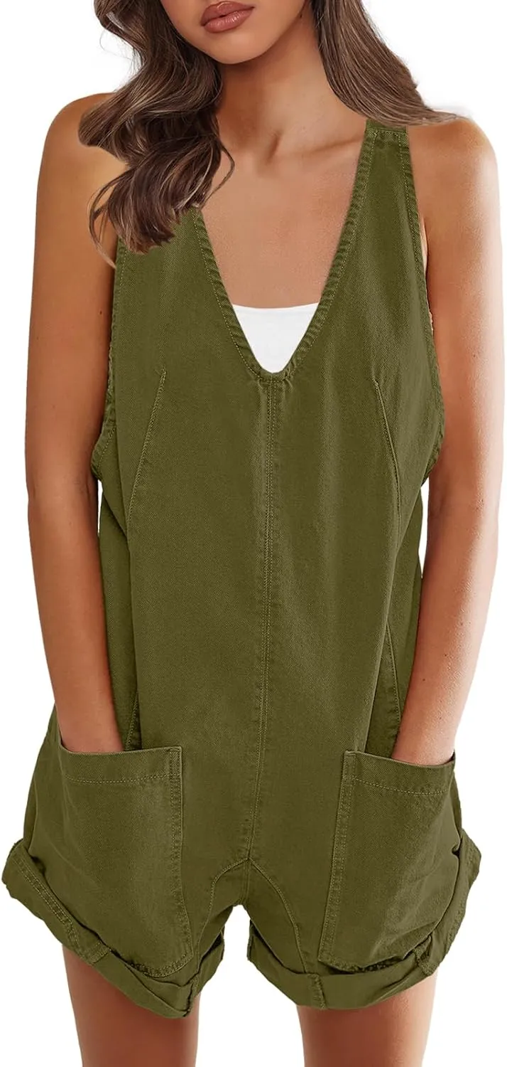 SENSERISE Womens Overalls Shorts Romper V Neck Sleeveless Shortall Loose Fit Jumpsuit with Pockets