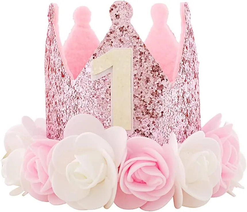 SEXWAWAMM Kbrand Hat First Birthday 1st For Baby Girl Decoration Gifts Rose Gold Baby Pink Party Crown One Year Old Flowers Princess Pink 3inch