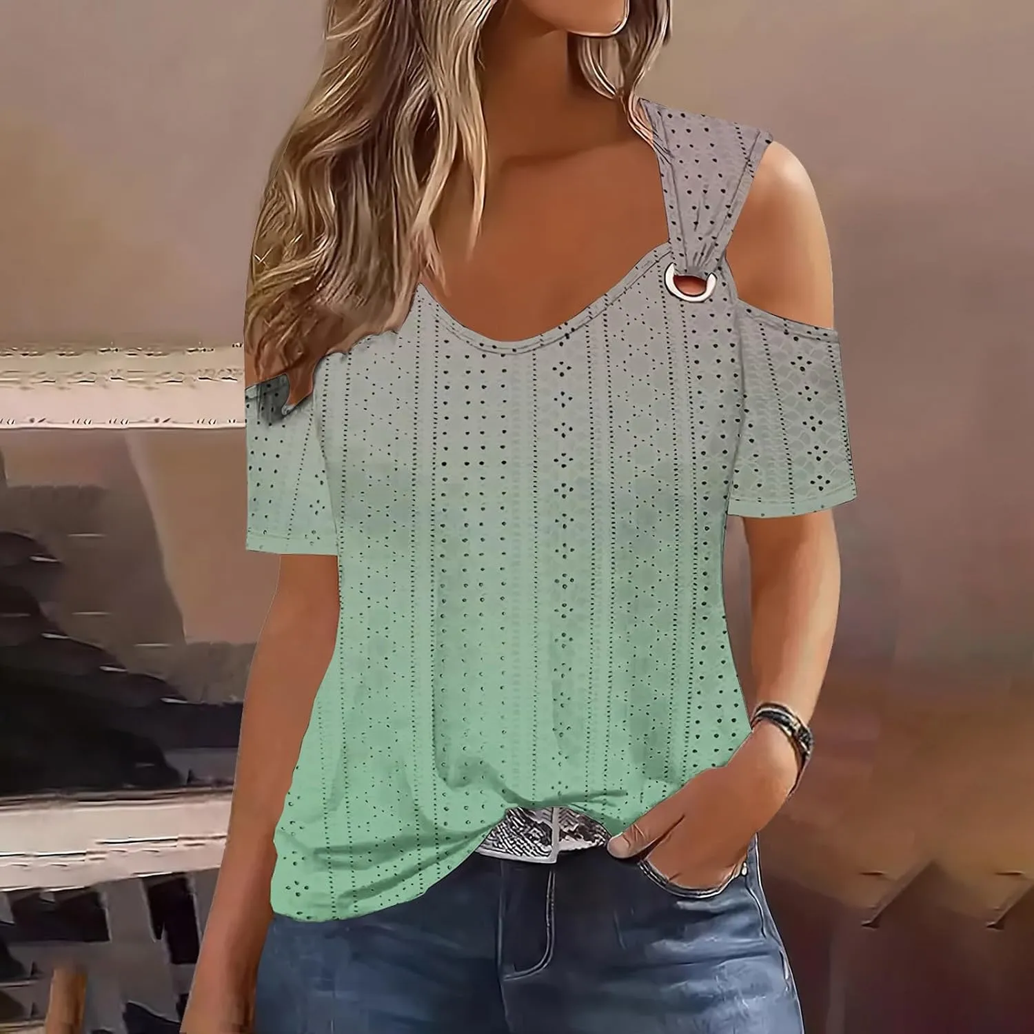 Sexy Clod Sholuder Tops for Women 2025 Summer Hollow Out Eyelet Short Sleeve T Shirts Going Out Blouses Ladies Tunic