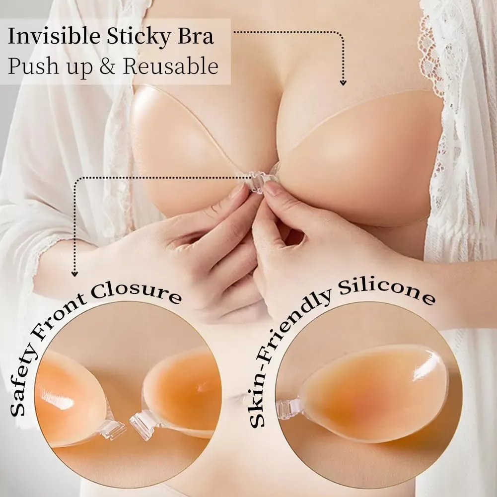 Sexy Code 1701 Adhesive Bra with Clear Halter Neck Strap Invisible Push-Up Silicone Strapless Bra for Backless Dress