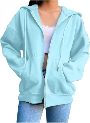 SHAOBGE Womens Zip Up Hoodies Long Sleeve Fall Oversized Sweatshirts Fleece Y2K Jacket with Pockets 2024 Fashion Clothes