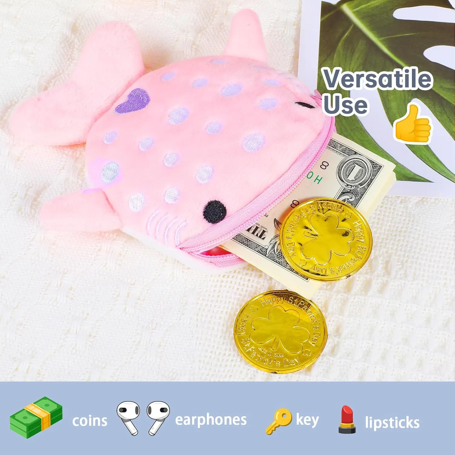 Shark Coin Purse Mini Cute Change Purses Small Cartoon Coin Pouch Funny Zipper Cosmetic Bag Earphone Wallet Small Items Bags for Women (Pink Black)