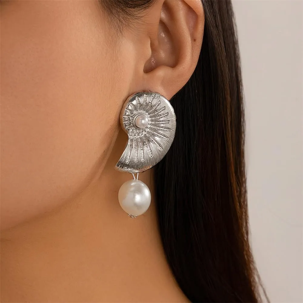 Shell Pearl Seashell Dangle Earrings for Women Gold Plated Hypoallergenic Fashion Ocean Sea Snail Conch Statement Charms Drop Dangling Lightweight Beachy Party Jewelry Gifts