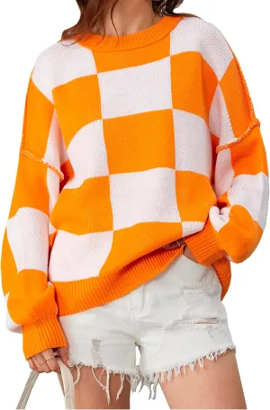 SHENHE Women's Oversized Checkered Sweater Plaid Bell Sleeve Crewneck Vintage Sweater Jumper
