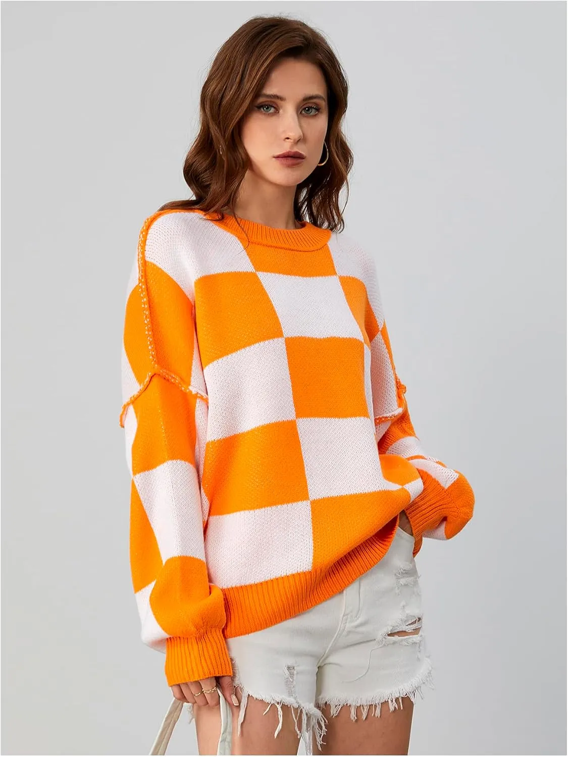 SHENHE Women's Oversized Checkered Sweater Plaid Bell Sleeve Crewneck Vintage Sweater Jumper
