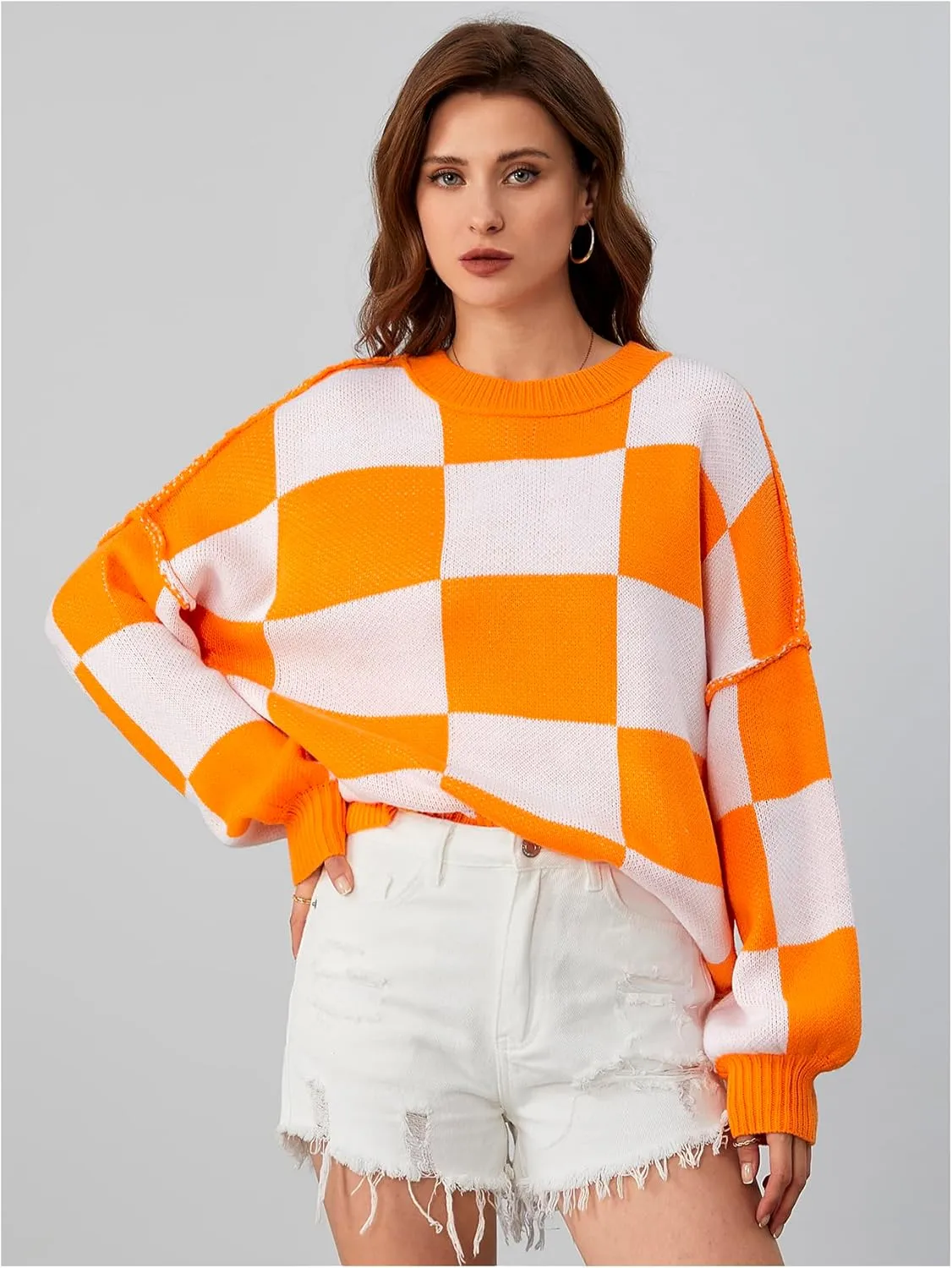 SHENHE Women's Oversized Checkered Sweater Plaid Bell Sleeve Crewneck Vintage Sweater Jumper