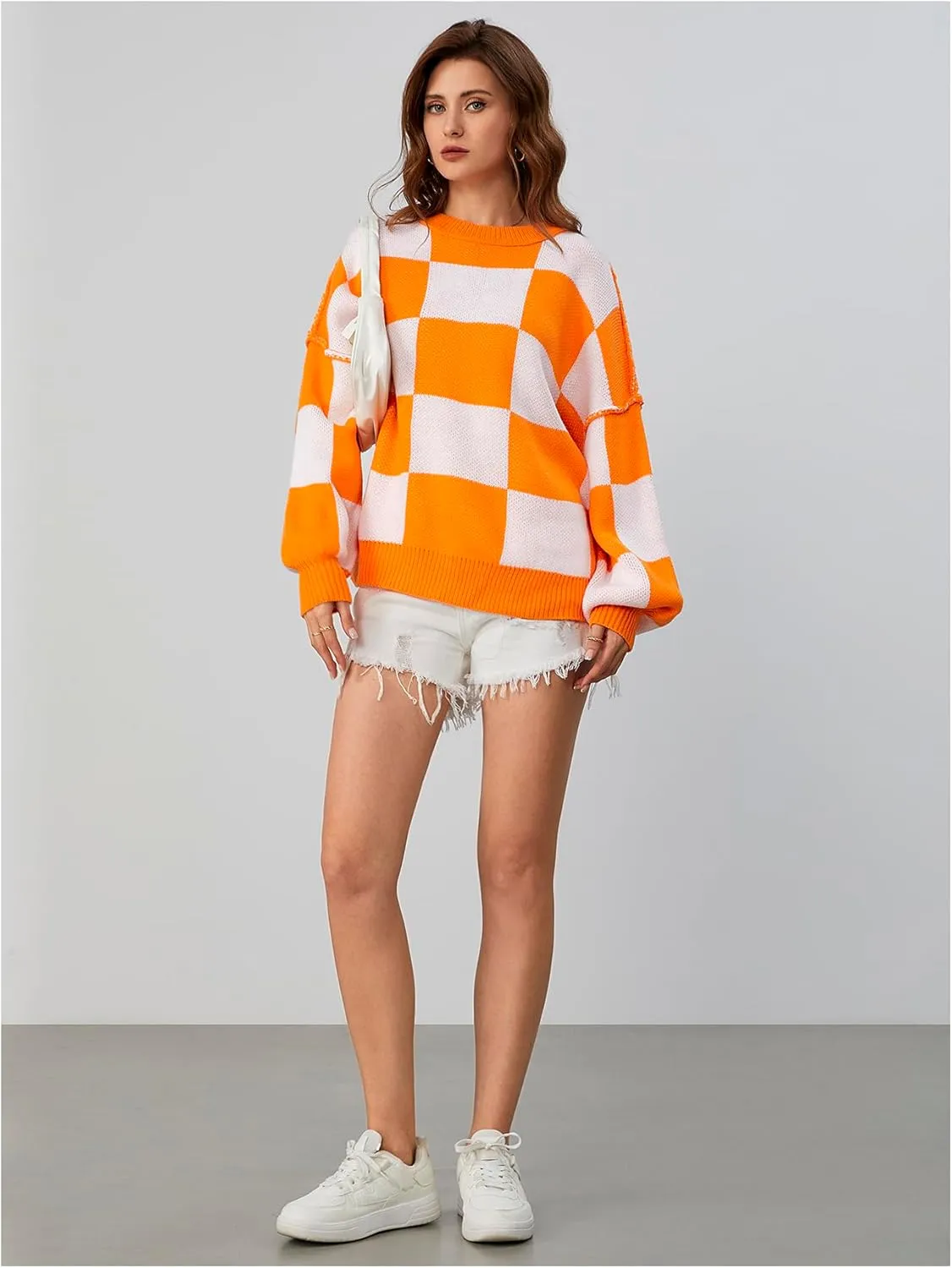 SHENHE Women's Oversized Checkered Sweater Plaid Bell Sleeve Crewneck Vintage Sweater Jumper