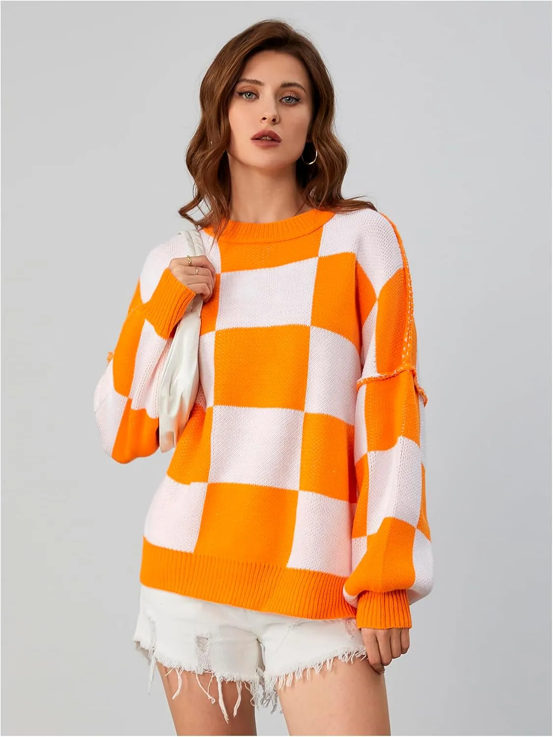 SHENHE Women's Oversized Checkered Sweater Plaid Bell Sleeve Crewneck Vintage Sweater Jumper