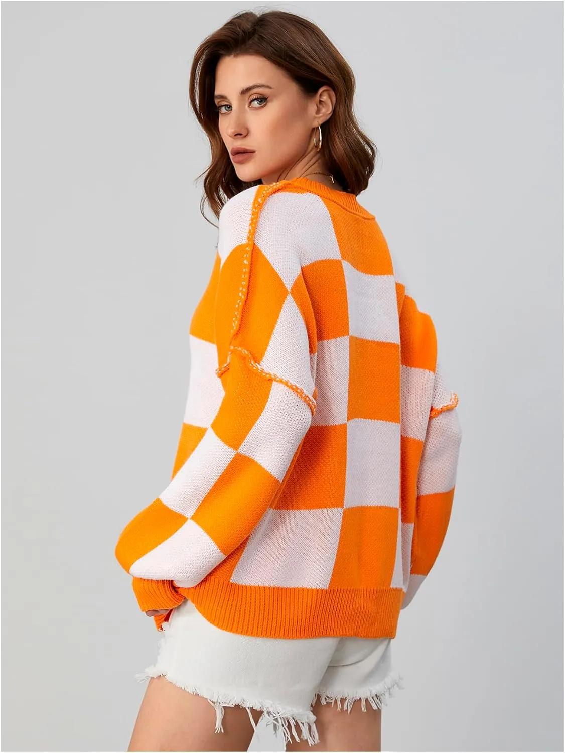 SHENHE Women's Oversized Checkered Sweater Plaid Bell Sleeve Crewneck Vintage Sweater Jumper