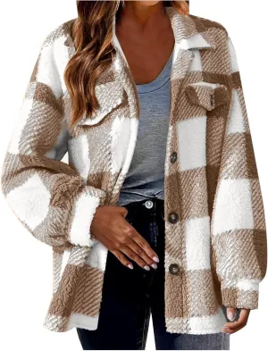 Sherpa Jacket for Women Fuzzy Fleece Winter Coats Plaid Button Down Shacket Casual Warm Teddy Coat Outwear