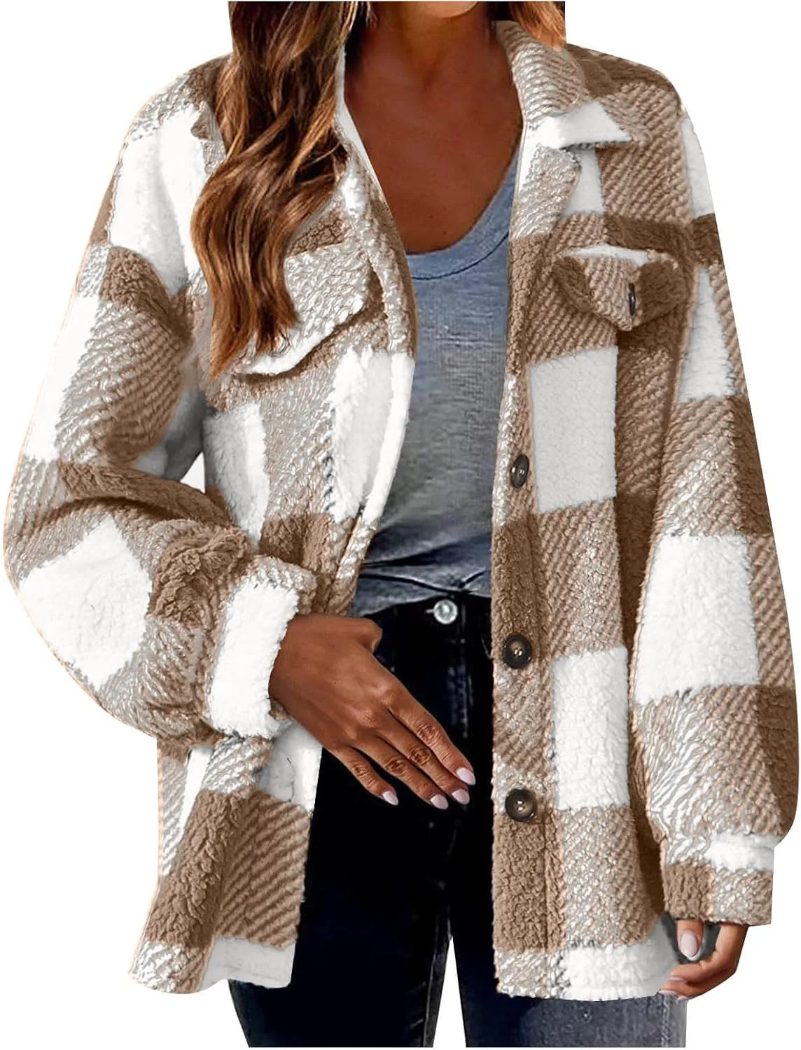 Sherpa Jacket for Women Fuzzy Fleece Winter Coats Plaid Button Down Shacket Casual Warm Teddy Coat Outwear