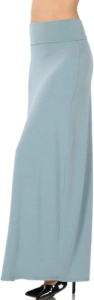 ShezPretty Women's Premium Fold Over High Waist Long Floor Length Maxi Skirt (Large, Blue Grey)