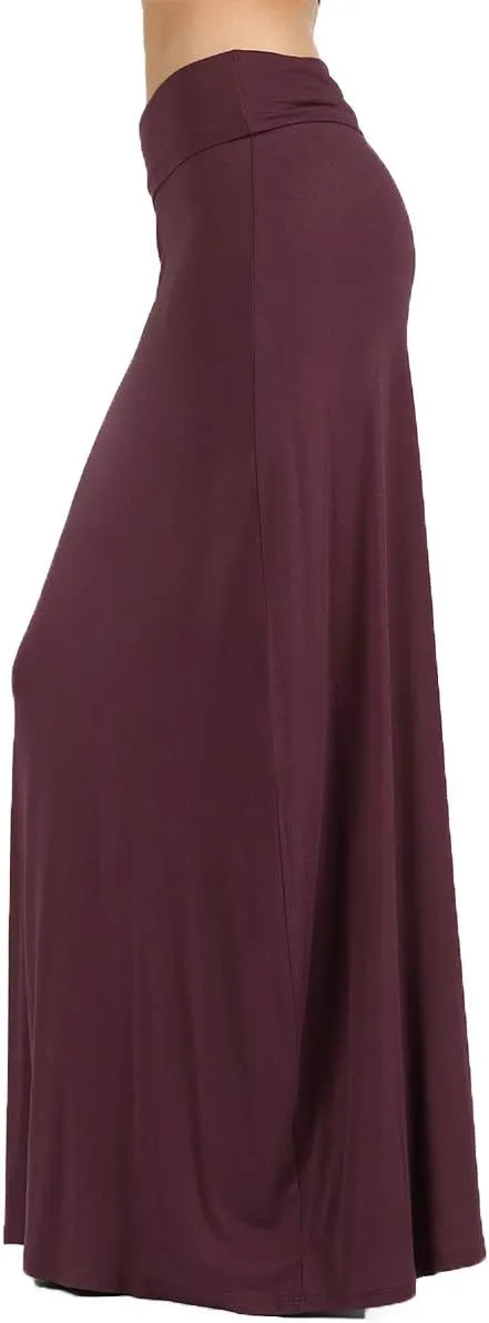 ShezPretty Women's Premium Fold Over High Waist Long Floor Length Maxi Skirt (Large, Eggplant)