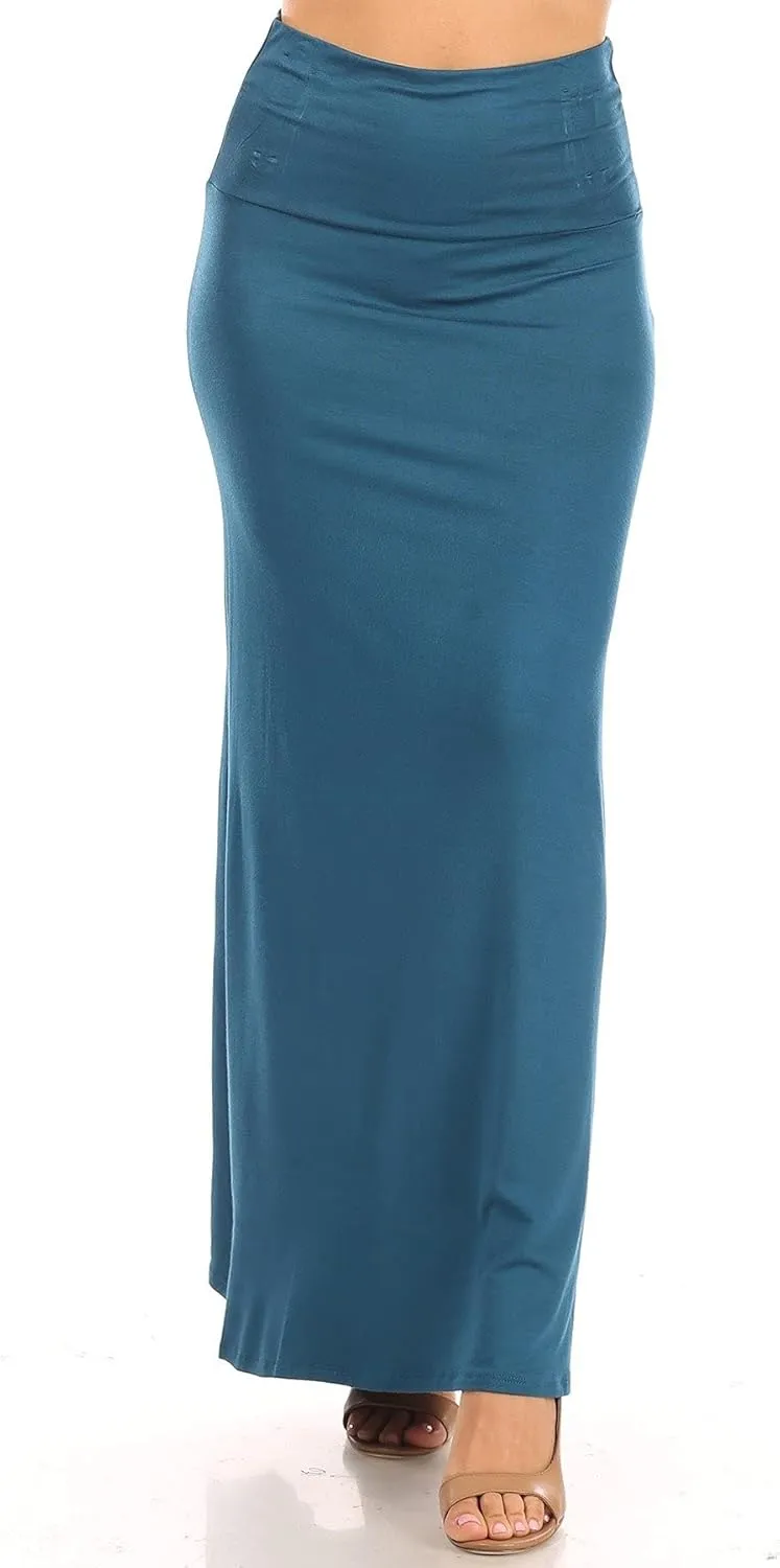 ShezPretty Women's Premium Fold Over High Waist Long Floor Length Maxi Skirt (Medium, USA-Teal)