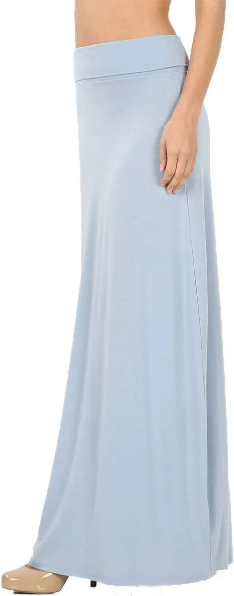 ShezPretty Women's Premium Fold Over High Waist Long Floor Length Maxi Skirt (XLarge, ASH Blue)