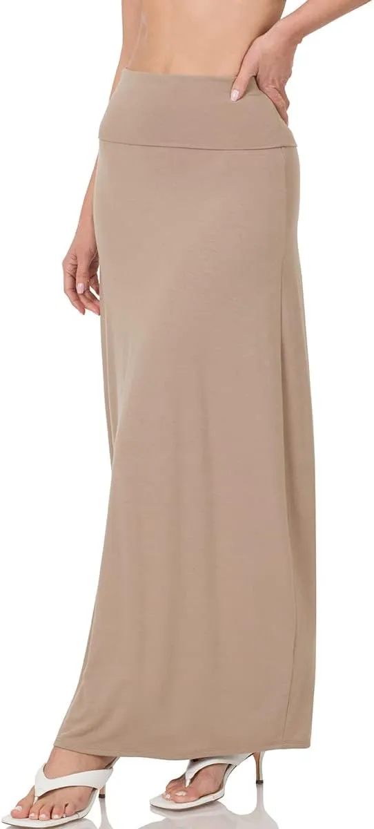 ShezPretty Women's Premium Fold Over High Waist Long Floor Length Maxi Skirt (XLarge, Ash Mocha)