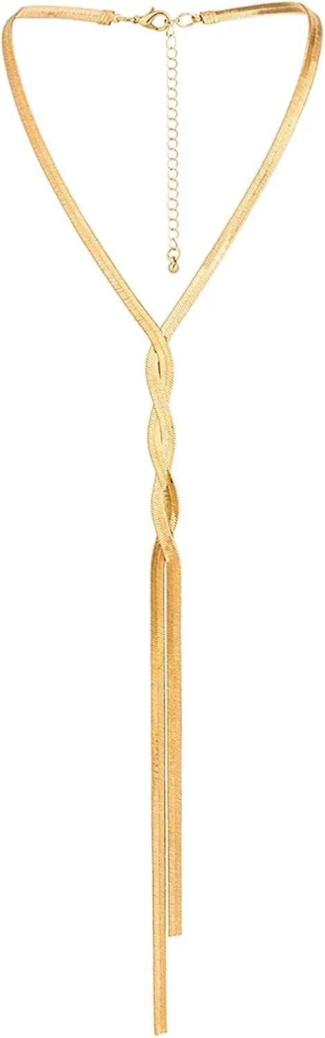 Silver Gold Dainty Twist Choker Necklaces for Women Trendy-Snake Chain Y Shaped Lariat Herringbone Chain Necklaces Jewelry Birthday Christmas Gifts