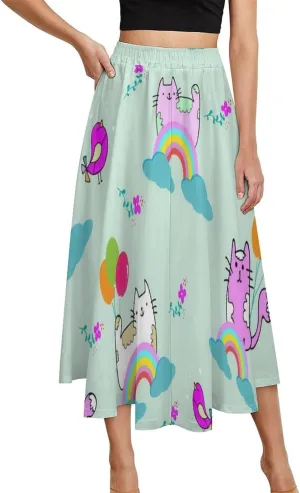 Simple Anime Cats Printed Midi Skirts High Elastic Waist Ruffle Bohemia Party Skirts