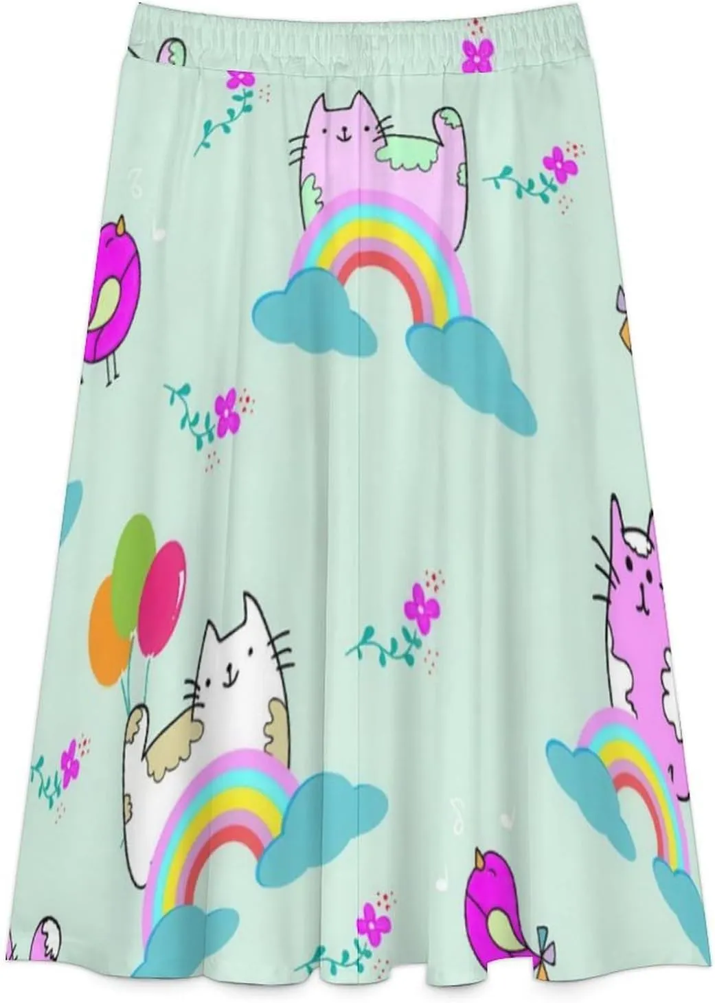 Simple Anime Cats Printed Midi Skirts High Elastic Waist Ruffle Bohemia Party Skirts