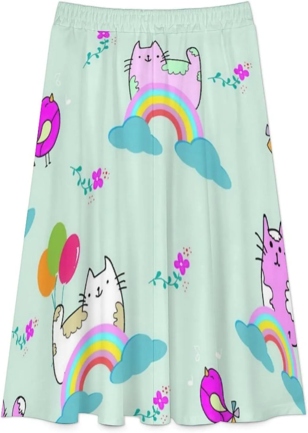 Simple Anime Cats Printed Midi Skirts High Elastic Waist Ruffle Bohemia Party Skirts