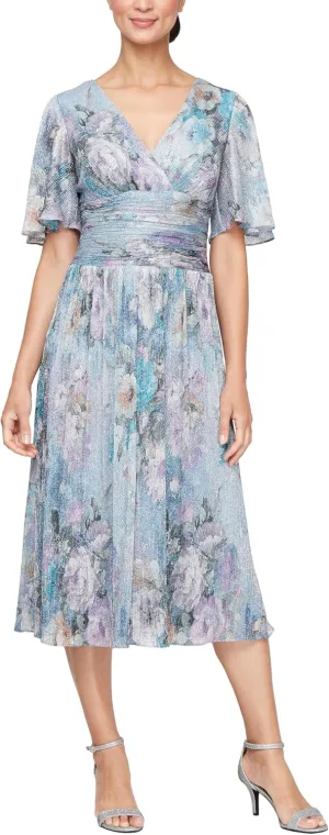 S.L. Fashions Women's Short Sleeve Tea Length V-Neck Mother of The Bride Dress with Ruched Waist, Wedding Guest (Plus Size)