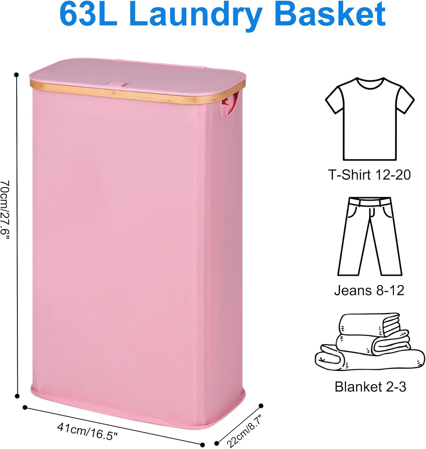 Slim Laundry Basket with Lid, Narrow Laundry Hamper with Removable Bag, Skinny Dirty Clothes Basket with Bamboo Handles for Bathroom, Bedroom & Laundry Room, 63L Pink