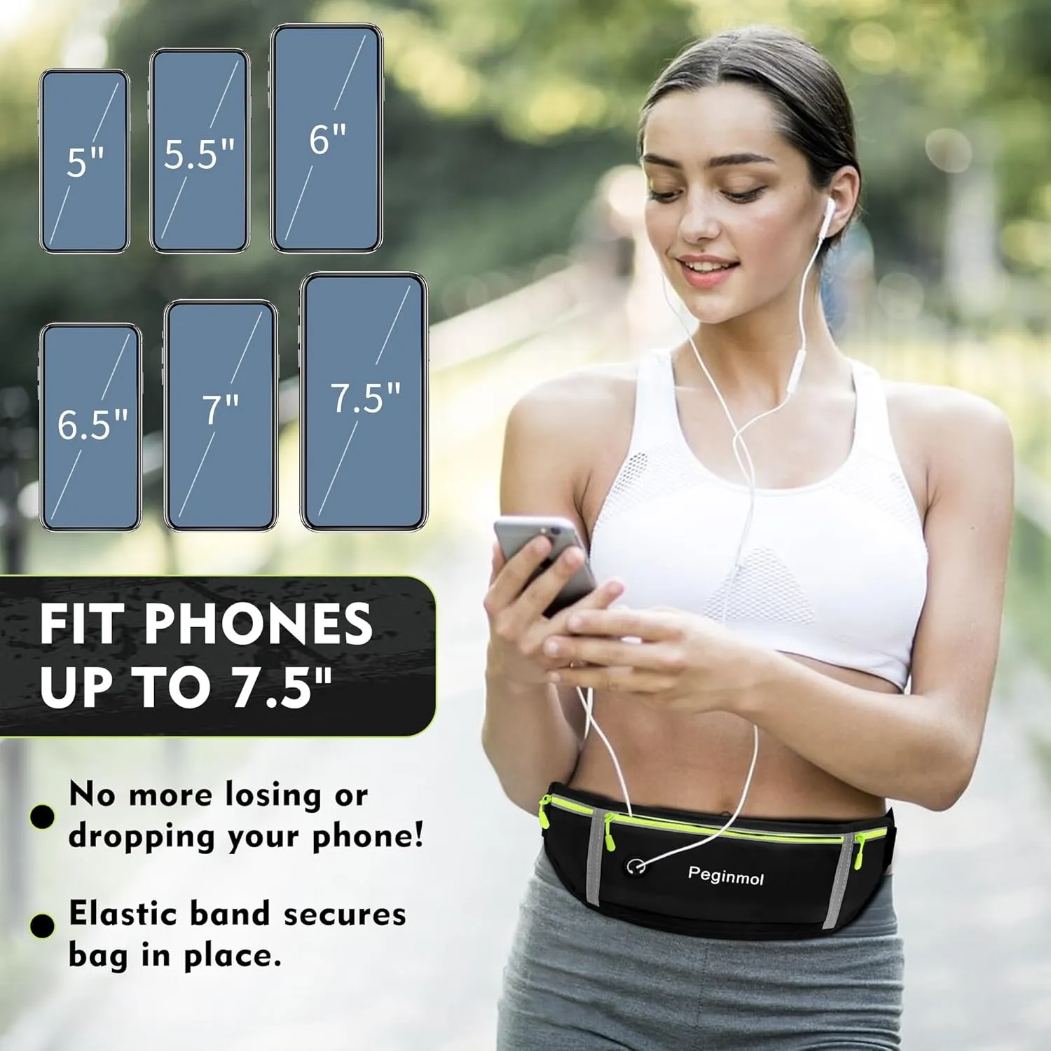 Slim Running Belt Fanny Pack, Waist Pack Bag for Women Men, Running Pouch for Phone Waterproof Reflective with 3 Pouches, Running Phone Holder for Sports, Traveling (Black   Green)