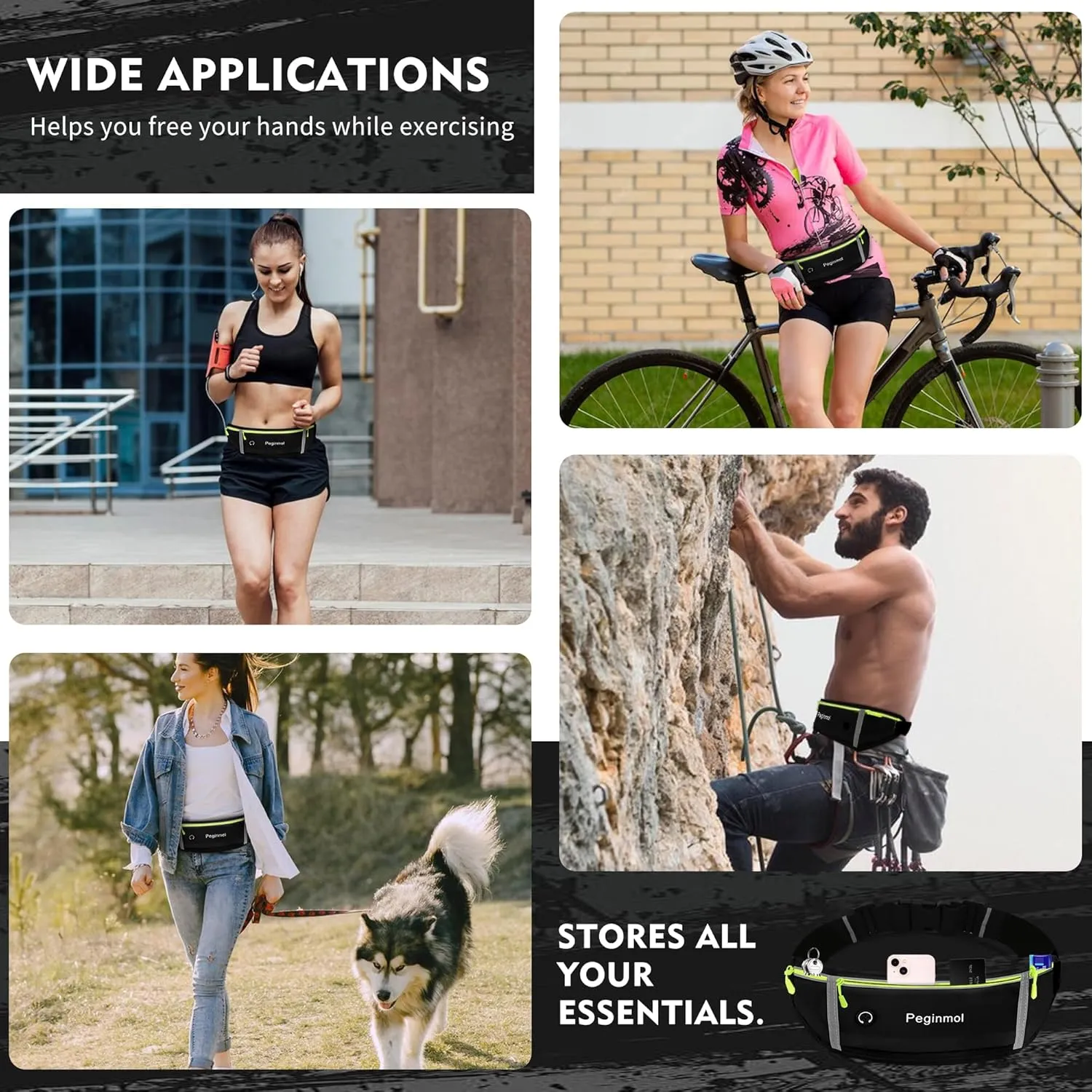 Slim Running Belt Fanny Pack, Waist Pack Bag for Women Men, Running Pouch for Phone Waterproof Reflective with 3 Pouches, Running Phone Holder for Sports, Traveling (Black   Green)