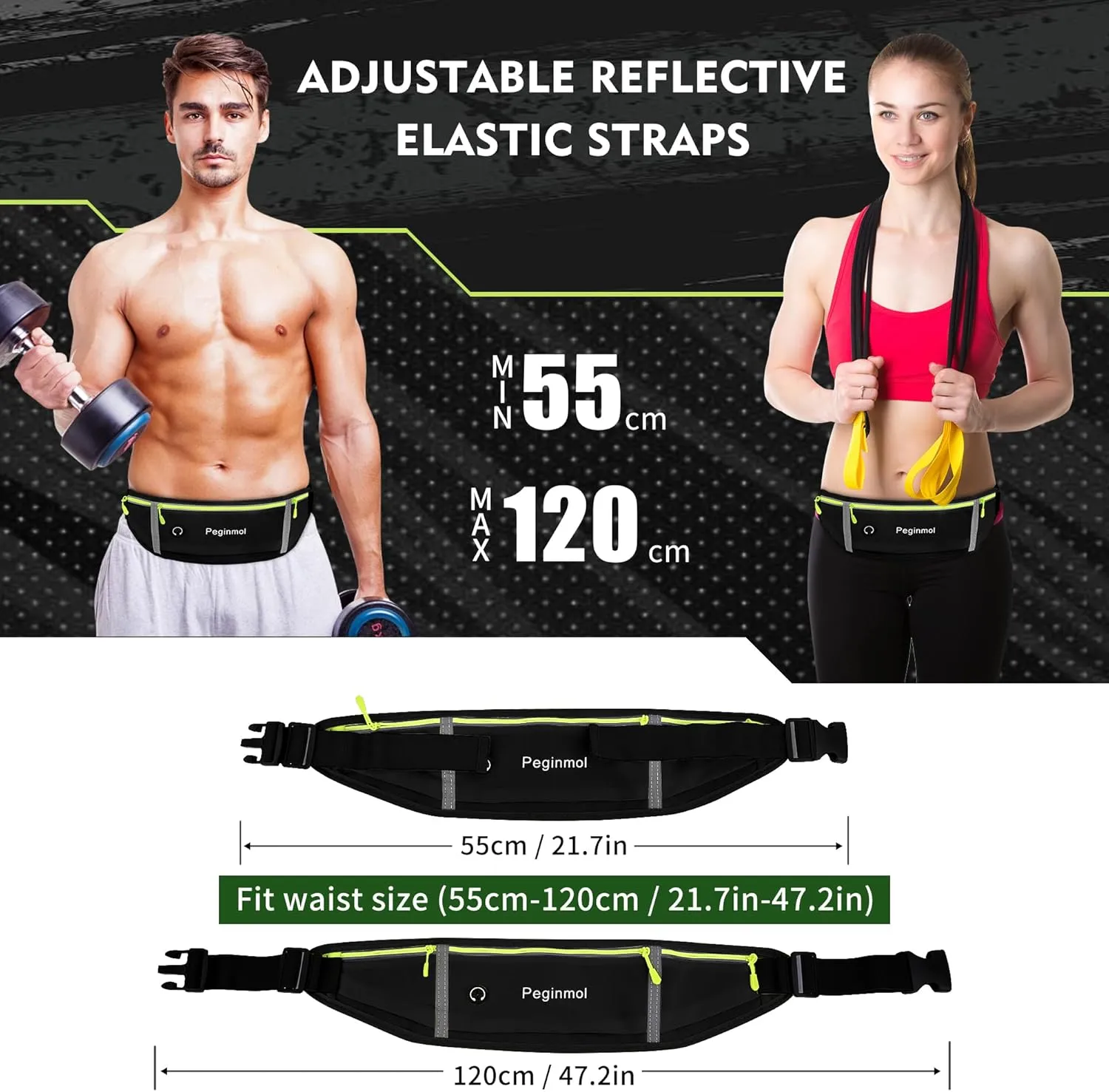 Slim Running Belt Fanny Pack, Waist Pack Bag for Women Men, Running Pouch for Phone Waterproof Reflective with 3 Pouches, Running Phone Holder for Sports, Traveling (Black   Green)
