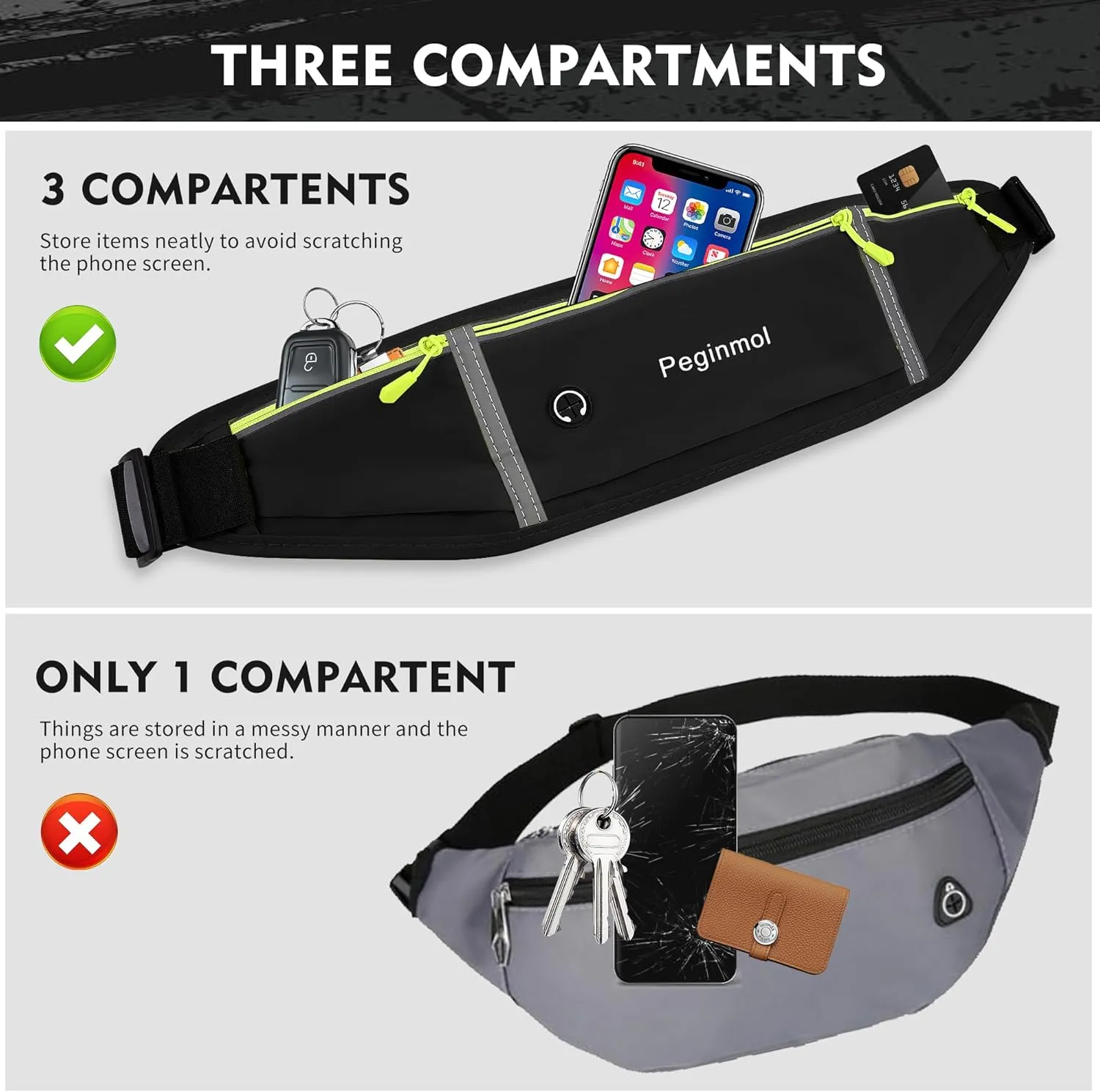 Slim Running Belt Fanny Pack, Waist Pack Bag for Women Men, Running Pouch for Phone Waterproof Reflective with 3 Pouches, Running Phone Holder for Sports, Traveling (Black   Green)
