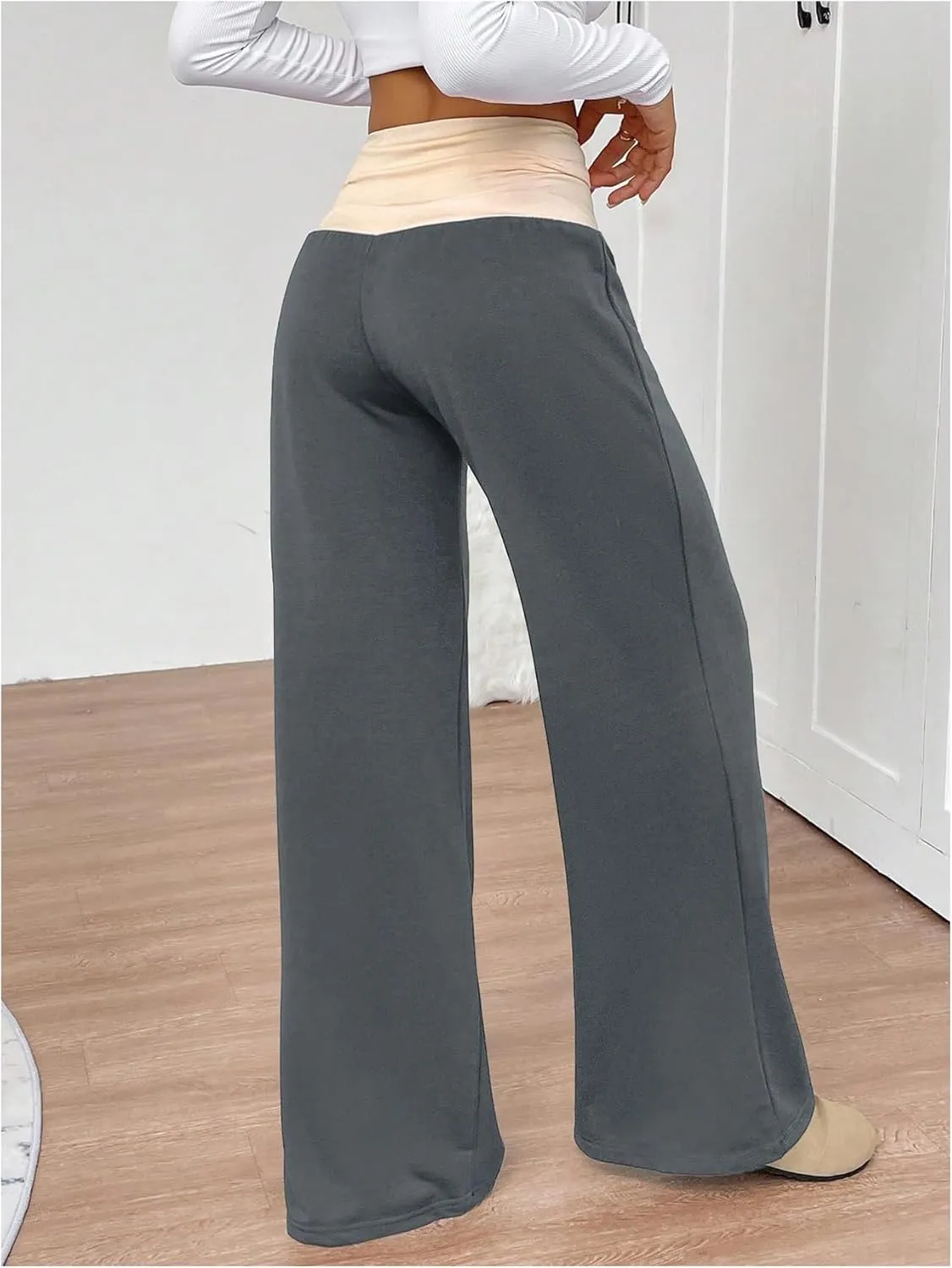 SOLY HUX Women's Sweatpants Color Block Low Rise Fold Over Waist Baggy Wide Leg Pants