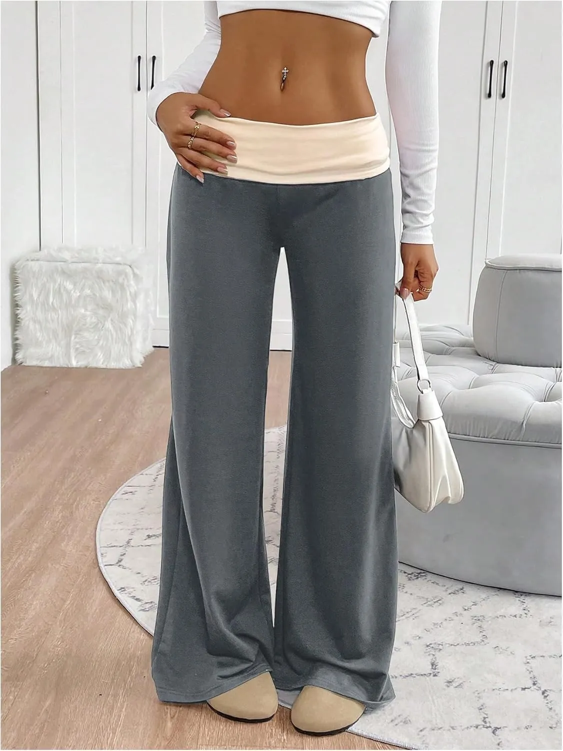 SOLY HUX Women's Sweatpants Color Block Low Rise Fold Over Waist Baggy Wide Leg Pants