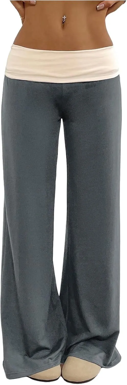 SOLY HUX Women's Sweatpants Color Block Low Rise Fold Over Waist Baggy Wide Leg Pants