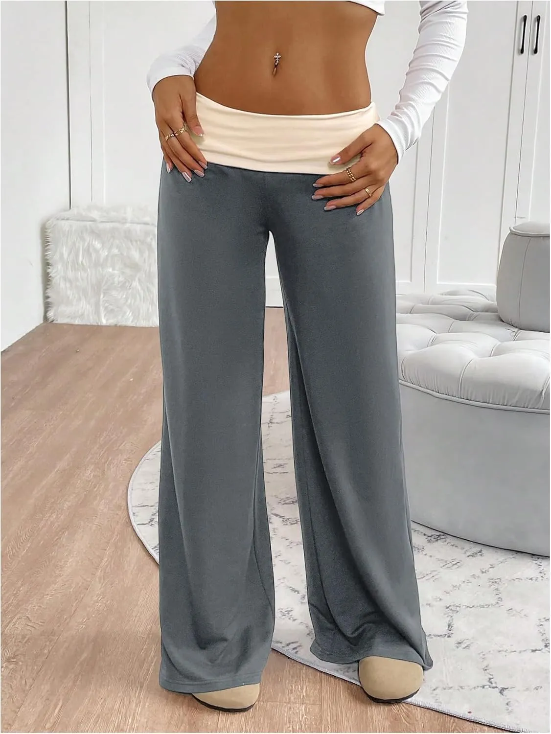 SOLY HUX Women's Sweatpants Color Block Low Rise Fold Over Waist Baggy Wide Leg Pants