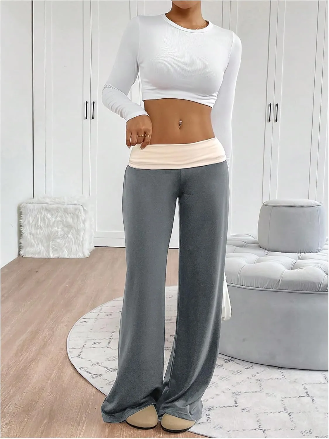 SOLY HUX Women's Sweatpants Color Block Low Rise Fold Over Waist Baggy Wide Leg Pants
