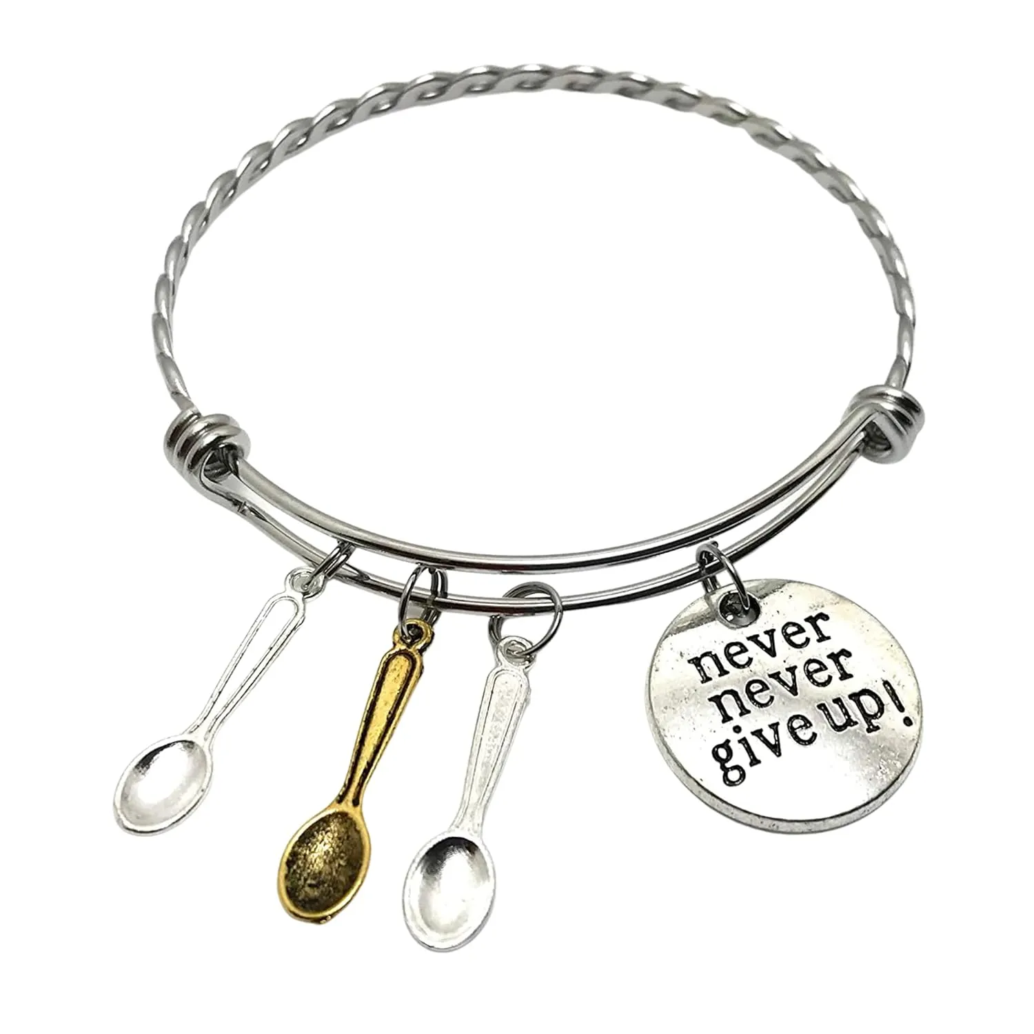 Spoon Theory Braided Stainless Steel Expandable Bangle Charm Bracelet Spoonie Gift