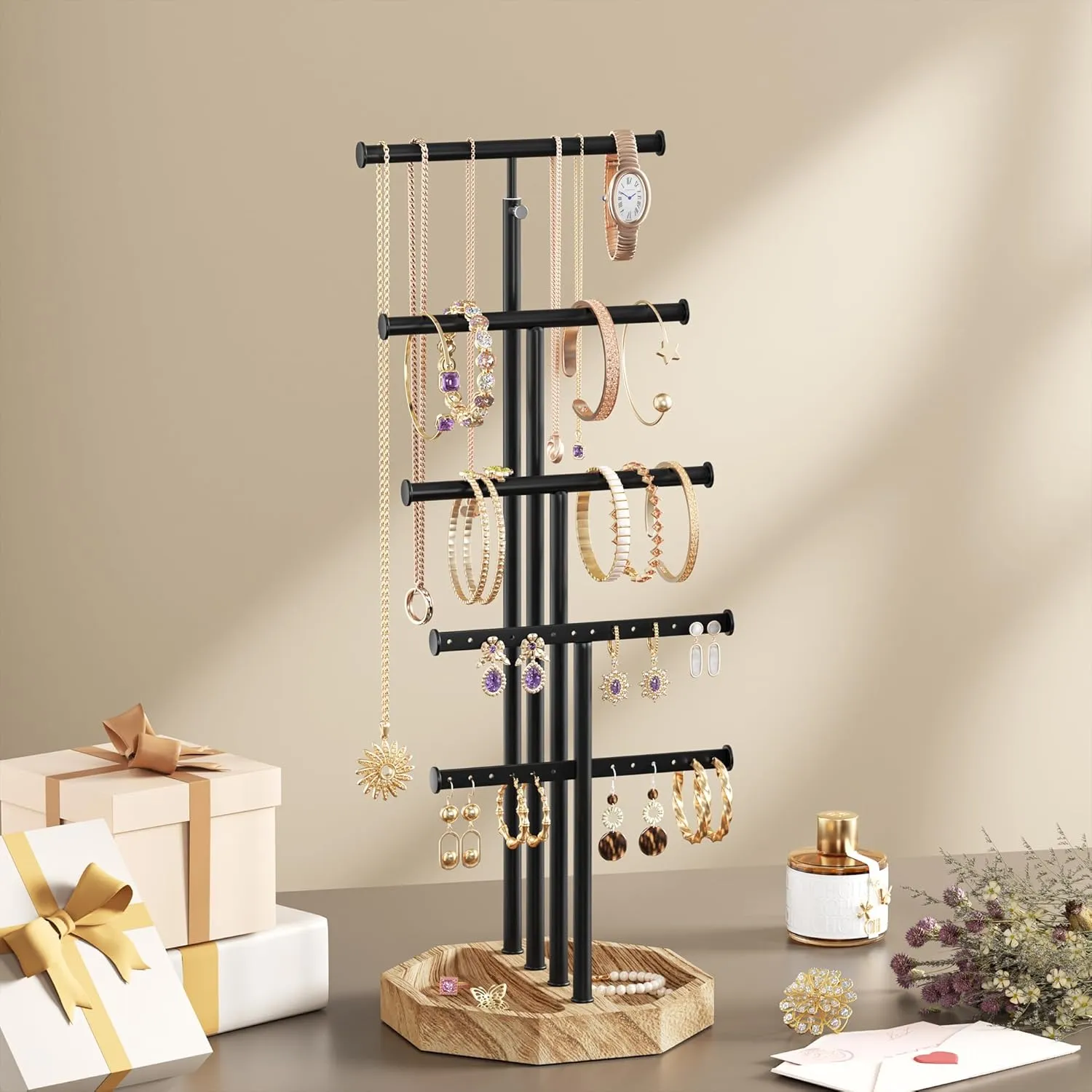 SRIWATANA Jewelry Organizer Stand, 5 Tier Necklace Holder Bracelet Earring Holder Jewelry Display Stand Large Storage with Wood Base, Gifts for Mom, Carbonized Black