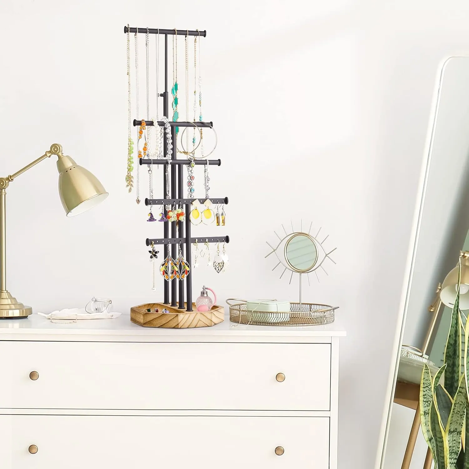 SRIWATANA Jewelry Organizer Stand, 5 Tier Necklace Holder Bracelet Earring Holder Jewelry Display Stand Large Storage with Wood Base, Gifts for Mom, Carbonized Black