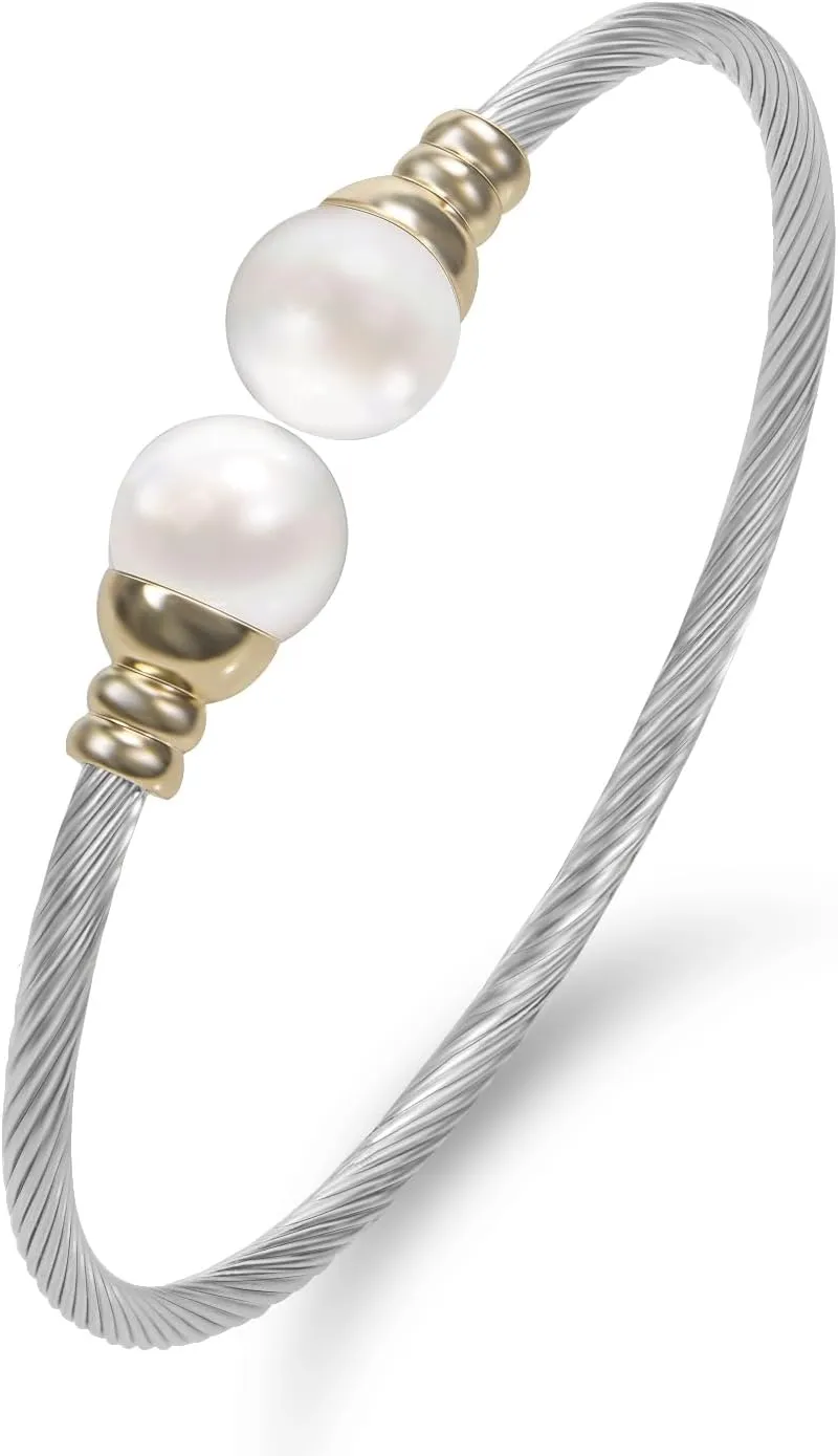 Stainless Steel Cable Bracelets for Women Fashion Designer Inspiration Twisted Cable Wire Pearl Bangle Bracelets Gift