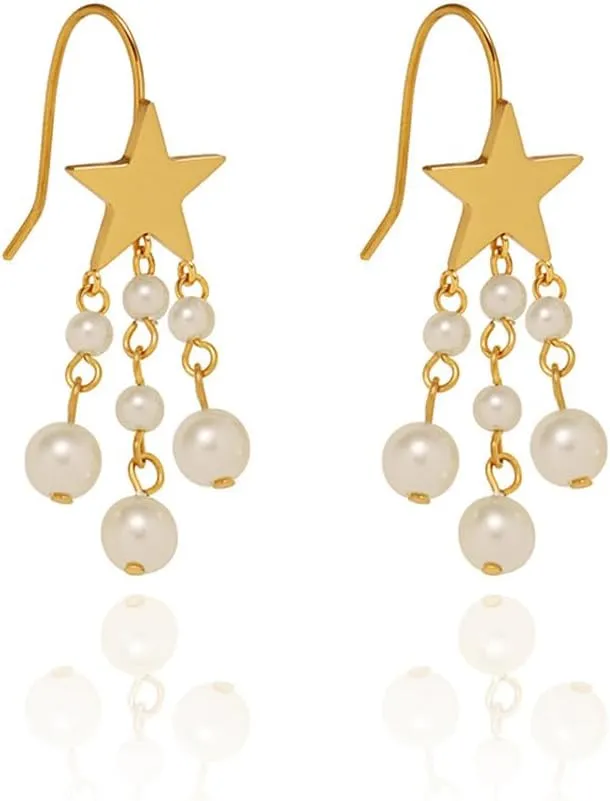 Star Pearl Tassel Dangle Drop Earrings for Women Minimalist Stars Pearls Bead Dangling Charm Hook Earrings Delicate Statement Stud Earrings